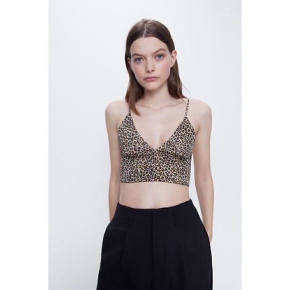 Zara Size XS Leopard Print Bralette Top Brown Tan Adjustable Straps Stretch